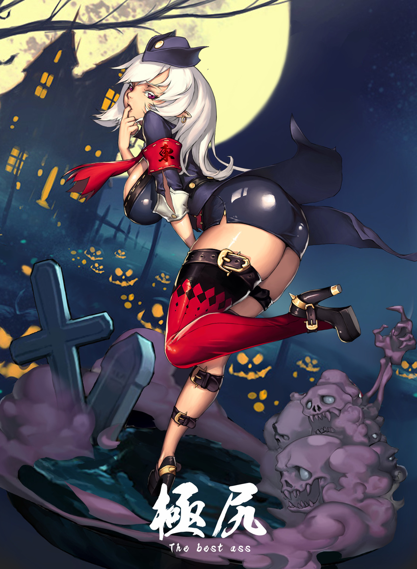 ass bad_id bad_pixiv_id blade_&amp;_soul graveyard high_heels highres long_hair looking_back miniskirt moon oinari_risuru pumpkin single_thighhigh skirt solo thighhighs white_hair