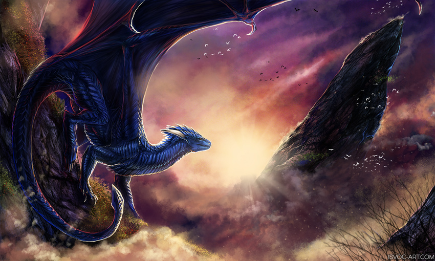 ambiguous_gender blue_scales day detailed_background detailed_scales digital_media_(artwork) dragon feral horn isvoc membranous_wings moss nude outside scales scalie sky smile solo sun western_dragon wings