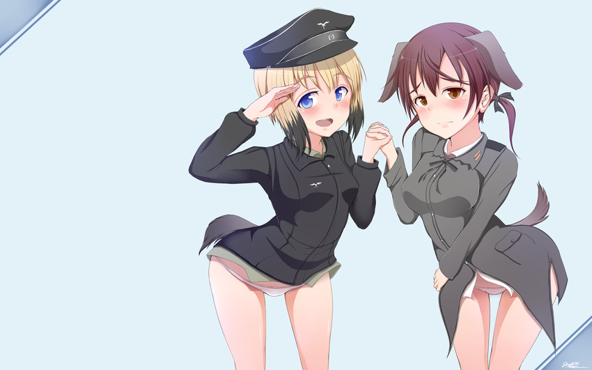 absurdres black_hair blue_eyes blush brown_eyes brown_hair commentary english_commentary erica_hartmann gertrud_barkhorn hat heart highres holding_hands jay87k multicolored_hair multiple_girls panties salute strike_witches two-tone_hair underwear world_witches_series