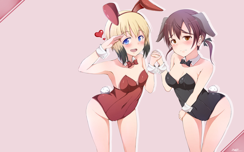 absurdres alternate_costume animal_ears black_hair blue_eyes blush brown_eyes brown_hair bunny bunny_ears bunnysuit cameltoe commentary covered_navel english_commentary erica_hartmann gertrud_barkhorn heart highres holding_hands jay87k multicolored_hair multiple_girls salute strike_witches two-tone_hair world_witches_series wrist_cuffs