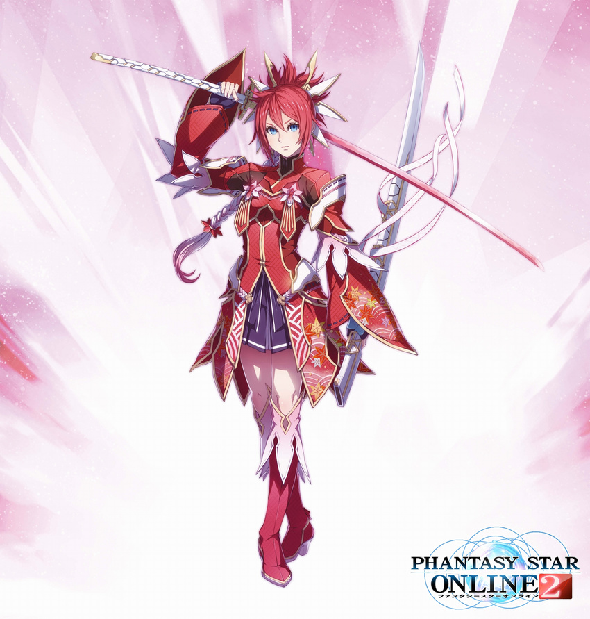 absurdres akikazu_mizuno blue_eyes boots braid fingerless_gloves full_body gloves hair_ornament highres holding holding_weapon japanese_clothes katana knee_boots logo long_hair looking_at_viewer phantasy_star phantasy_star_online_2 pink_background red_hair serious sheath simple_background single_braid skirt solo spoilers standing sword thighhighs weapon wide_sleeves yasaka_hitsugi zettai_ryouiki