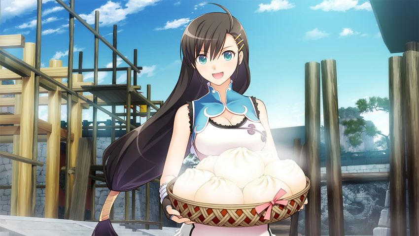 :d absurdres baozi black_gloves blade_arcus_from_shining blue_eyes blue_sky brown_hair cloud construction day fingerless_gloves food gloves hair_ornament hairclip highres long_hair looking_at_viewer low-tied_long_hair open_mouth outdoors pairon shining_(series) sky smile solo tanaka_takayuki tree very_long_hair wall