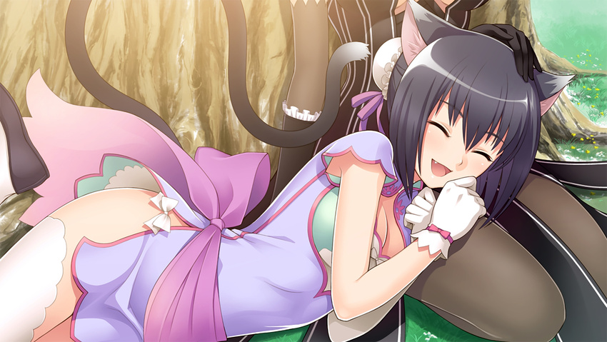 :d ^_^ absurdres animal_ears armpit_peek asymmetrical_clothes bangs bare_arms black_gloves black_hair blade_arcus_from_shining bow bowtie breasts brown_dress bun_cover cat_ears cat_tail china_dress chinese_clothes choker cleavage closed_eyes day double_bun dress eyebrows eyebrows_visible_through_hair fang flower frilled_gloves frills game_cg gloves grass hair_between_eyes happy highres knees_up lap_pillow legs long_sleeves lying lying_on_lap maxima_enfield medium_breasts multiple_girls no_panties open_mouth pantyhose petting purple_dress ribbon sakuya_(shining_blade) seiza shaomei_rin shining_(series) shining_blade shining_hearts shirt shoes short_dress short_hair sitting smile solo_focus striped striped_dress tail tanaka_takayuki taut_clothes taut_shirt thighhighs tongue tree white_gloves white_legwear