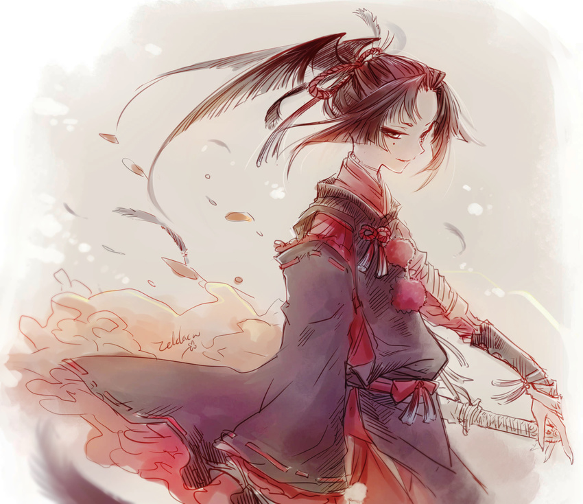 artist_name black_hair brown_eyes feathers hair_feathers highres japanese_clothes katana kogarasumaru_(touken_ranbu) male_focus ponytail smile solo sword touken_ranbu weapon zelda_c_wang