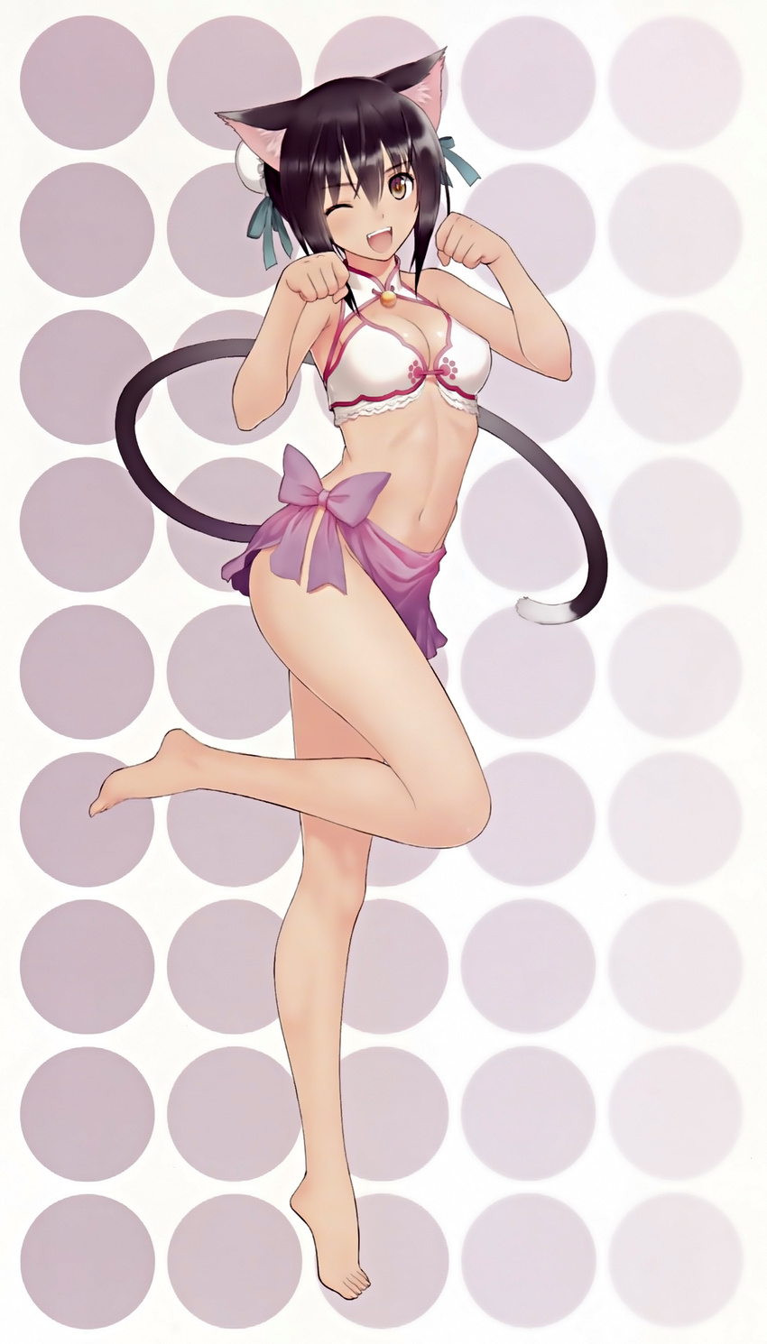 absurdres animal_ears bikini_top black_hair breasts brown_eyes bun_cover cat_ears cat_tail cleavage highres leg_lift long_legs medium_breasts one_eye_closed open_mouth paw_pose sarong scan scan_artifacts shaomei_rin shining_(series) shining_hearts short_hair simple_background smile solo swimsuit tail tanaka_takayuki
