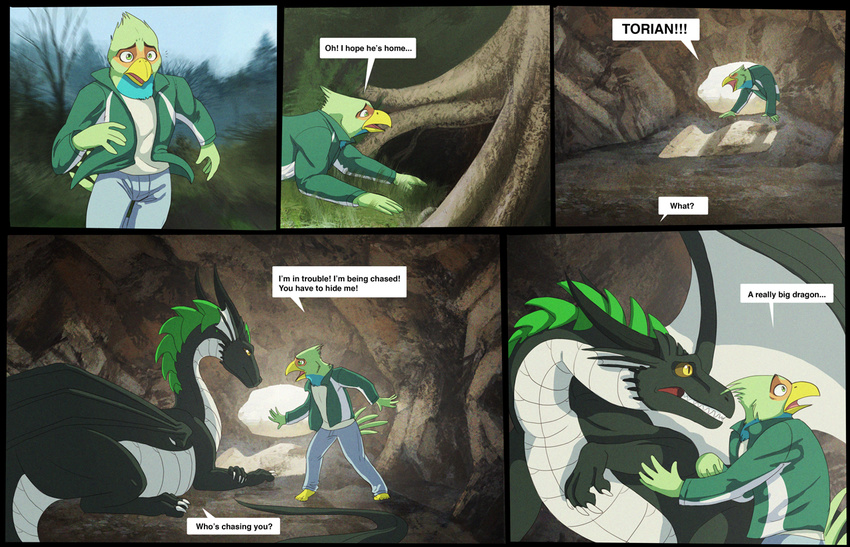 ! ... 2015 5_fingers ? anthro avian barefoot beak bird black_border black_horn black_scales black_tail blue_feathers border brown_sclera cave clothed clothing comic day detailed_background dialogue digital_media_(artwork) dragon duo ear_fins english_text falcon feathers feral fin grass green_eyes green_feathers green_tail horn inside jacket larger_male long_neck lying male membranous_wings multicolored_feathers multicolored_scales multiple_scenes open_mouth orange_feathers outside pants running scales scalie scared shirt size_difference sky smaller_male sparkx speech_bubble spikes standing sunlight text torian_(nimorga) tree two_tone_scales two_tone_tail vorelord white_scales white_tail wings yellow_beak yellow_eyes