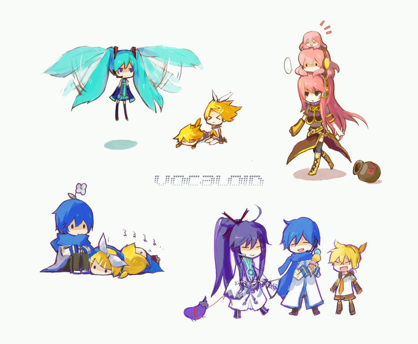 &gt;_&lt; 3boys 3girls aqua_hair bad_id bad_pixiv_id blonde_hair blue_scarf chibi closed_eyes copyright_name dual_persona eggplant food hatsune_miku helicopter_hair i-riya ice_cream kagamine_len kagamine_rin kaito kamui_gakupo megurine_luka multiple_boys multiple_girls pink_hair ponytail purple_hair scarf shared_scarf short_hair smile takoluka twintails vocaloid