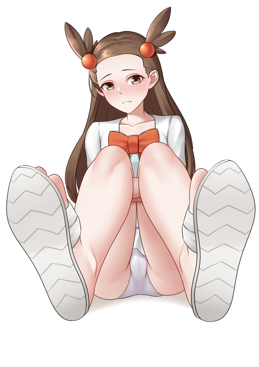 1girl absurdres blush bow brown_hair cameltoe closed_mouth collarbone commentary_request frown full_body grey_panties hair_bobbles hair_ornament highres jasmine_(pokemon) leg_hold long_hair looking_at_viewer oirin orange_bow panties pokemon pokemon_(game) pokemon_hgss sandals shiny shiny_hair shoe_soles simple_background solo toes two_side_up underwear white_background yellow_eyes