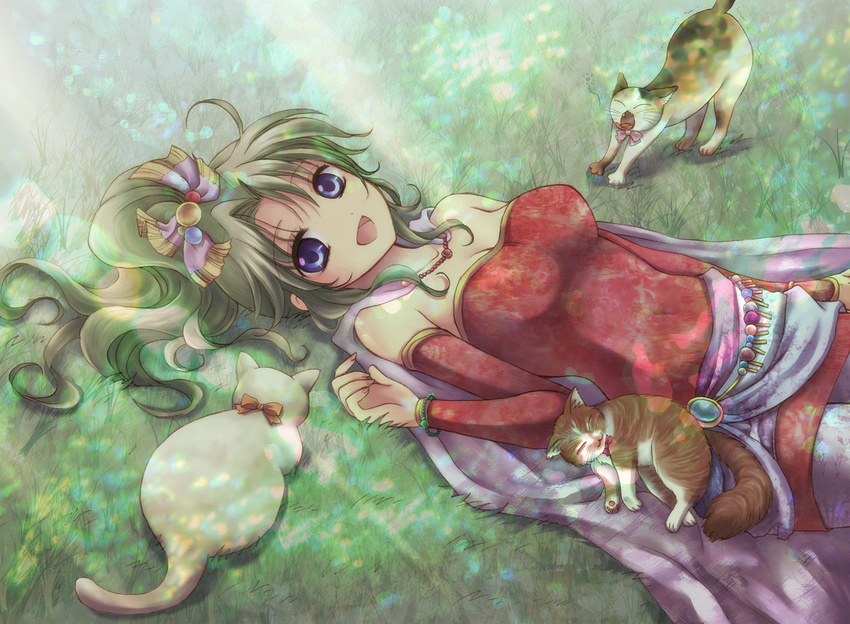 animal bad_id bad_pixiv_id blue_eyes bow bracelet breasts cape cat colorized detached_sleeves dissidia_final_fantasy final_fantasy final_fantasy_vi grass green_hair jewelry large_breasts lens_flare light_rays looking_at_viewer lying niwa_toriko on_back open_mouth pantyhose shade skirt smile solo sunbeam sunlight tina_branford yawning