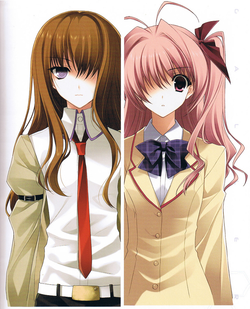 :i ahoge armband beige_jacket beige_shirt belt bow bowtie brown_hair chaos;head checkered checkered_neckwear company_connection expressionless eyebrows eyebrows_visible_through_hair hair_bow hair_intakes hair_over_breasts highres jacket long_hair looking_at_viewer makise_kurisu multiple_girls necktie non-web_source official_art one_eye_covered open_clothes open_jacket parted_lips phantom_breaker pink_eyes pink_hair purple_bow purple_eyes purple_neckwear red_bow red_neckwear sakihata_rimi scan scan_artifacts school_uniform shirt sidelocks star star_print steins;gate suzuhira_hiro upper_body white_background white_shirt