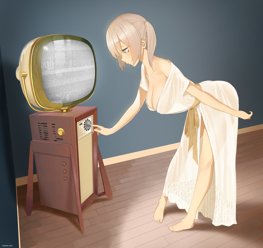 ass bare_shoulders barefoot bent_over blue_eyes blush breasts cleavage dress full_body grey_hair hanging_breasts highres large_breasts no_bra off_shoulder original robe see-through_silhouette solo standing static television throtem twintails white_dress