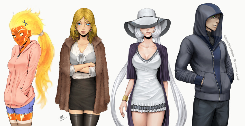 2016 3girls alternate_costume aphrodite_(smite) black_legwear black_nails black_skirt blonde_hair blue_eyes bracelet breasts casual cleavage collarbone commentary cowboy_shot crossed_arms cutoffs dress earrings fiery_hair fire frilled_dress frills green_eyes hair_ornament hands_in_pockets hat hat_over_eyes highres hood hoodie jacket jacket_on_shoulders jewelry large_breasts lips loki_(smite) long_hair looking_at_viewer low_ponytail multiple_girls nail_polish nox_(smite) orange_hair parted_lips pencil_skirt red_skin sciamano240 shirt sidelocks skirt sleeves_rolled_up smile smite sol_(smite) tattoo taut_clothes taut_dress thighhighs turtleneck twintails very_long_hair white_dress white_hair white_shirt x_hair_ornament yellow_eyes zettai_ryouiki zipper