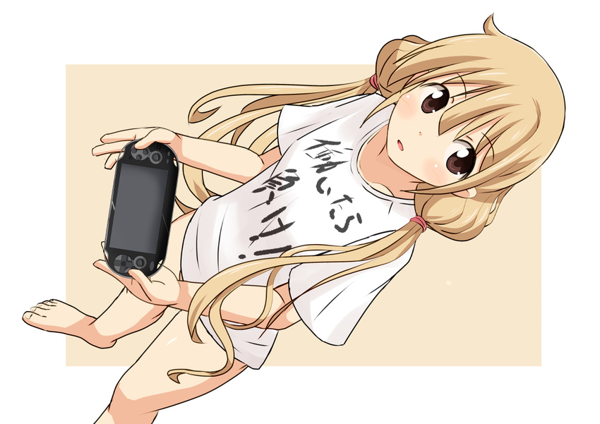 1girl barefoot blonde_hair brown_eyes child dutch_angle eyebrows eyebrows_visible_through_hair feet female futaba_anzu handheld_game_console holding idolmaster idolmaster_cinderella_girls long_twintails looking_at_viewer naruse_mai playstation_vita short_sleeves solo sony standing twintails