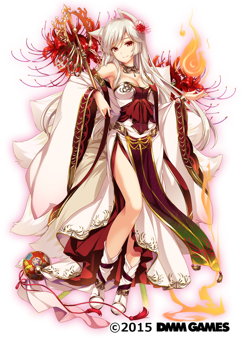 2015 animal_ears armpits bare_shoulders breasts cleavage closed_mouth commentary_request dated detached_sleeves dress fire flower flower_knight_girl fox_ears fox_girl fox_tail full_body hair_flower hair_ornament higanbana_(flower_knight_girl) highres holding holding_staff japanese_clothes kimono kitsune kyuubi large_breasts long_hair long_sleeves looking_at_viewer moneti_(daifuku) multiple_tails nail_polish official_art pink_nails red_eyes shakujou side_slit sidelocks smile solo spider_lily staff tail very_long_hair white_background white_dress white_hair wide_sleeves