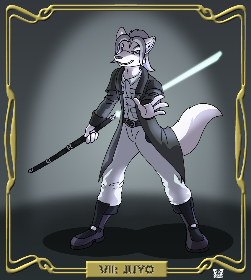 belt blue_eyes boots canine clothing duster_coat fangs footwear hair invalid_tag jedi kanj'isha lightsaber longcoat mammal melee_weapon polearm silver_hair simple_background staff star_wars teeth text valy_j._thunderbeast weapon wolf