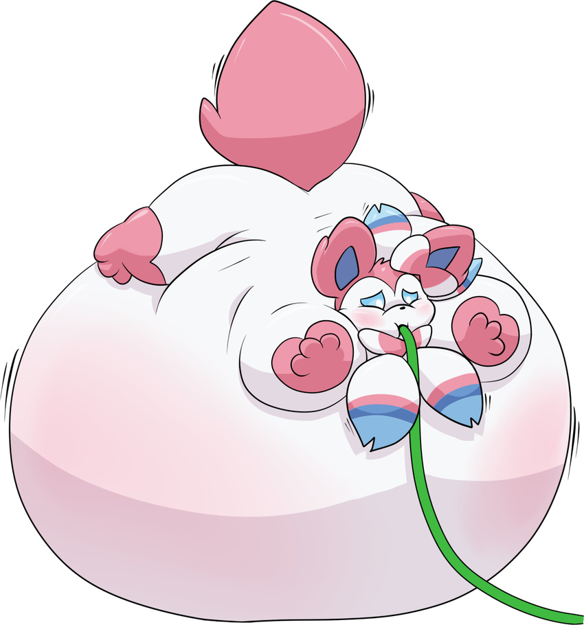 3_toes alpha_channel ambiguous_gender black_nose blue_eyes blush canine eeveelution feral fur hose hybridprojectalpha inflation mammal nintendo pink_fur pok&eacute;mon raised_tail shaking simple_background solo sylveon toes video_games white_fur