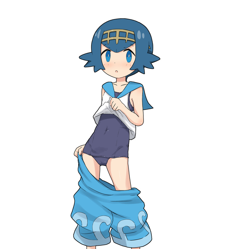 :o bangs bare_shoulders blue_eyes blue_hair blue_pants blue_sailor_collar blue_swimsuit blush collarbone commentary_request covered_navel embarrassed flat_chest flipped_hair hairband highres legs_apart lifted_by_self looking_at_viewer old_school_swimsuit one-piece_swimsuit pants pants_pull pokemon pokemon_(game) pokemon_sm pulled_by_self sailor_collar school_swimsuit shirt shirt_lift short_eyebrows short_hair sidelocks simple_background sleeveless sleeveless_shirt solo standing suiren_(pokemon) surprised swimsuit swimsuit_under_clothes trial_captain undressing white_background white_shirt yakihebi