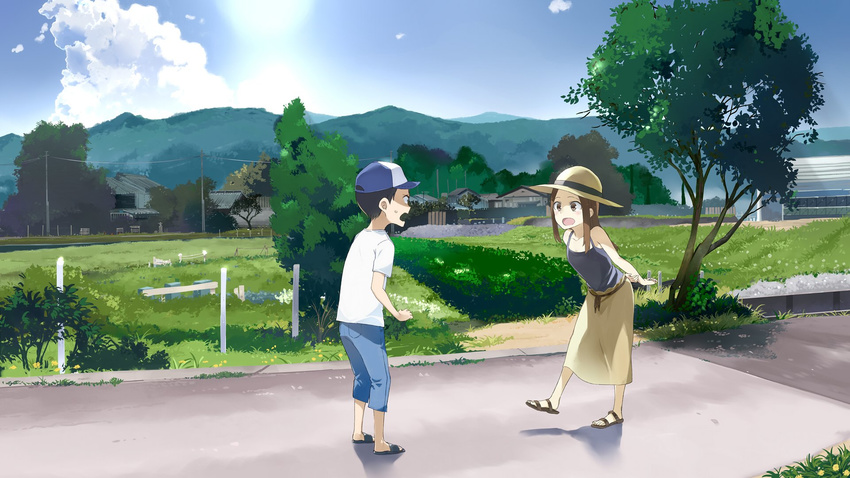 1girl arms_behind_back baseball_cap blue_sky camisole cloud day denim grass hat highres jeans karakai_jouzu_no_takagi-san long_skirt nishikata open_mouth outdoors pants road saitou_yuu sandals shirt skirt sky smile spaghetti_strap sun_hat sweat t-shirt takagi-san tree