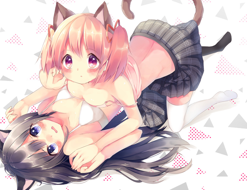 akemi_homura animal_ears asymmetrical_docking bangs black_hair black_legwear black_skirt blue_eyes blush bra breast_press breasts camisole cat_ears cat_tail commentary_request eyebrows eyebrows_visible_through_hair hair_between_eyes hands_together hands_up highres inconvenient_tail kaname_madoka long_hair looking_at_viewer lying mahou_shoujo_madoka_magica medium_breasts multiple_girls no_shirt no_shoes on_back open_mouth parted_lips pink_eyes pink_hair pink_ribbon plaid plaid_skirt pleated_skirt polka_dot polka_dot_background ribbon shiramori_sawa short_hair skirt strap_slip tail thighhighs triangle twintails underwear wavy_mouth white_background white_bra white_legwear yuri