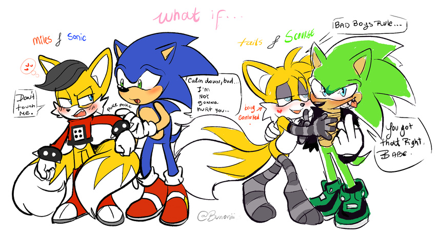 &lt;3 anthro blue_eyes blush bottomless bunonii canine chest_tuft clothed clothing dialogue elbow_gloves footwear fox fur gloves green_eyes group hair half-closed_eyes hedgehog jacket legwear male male/male mammal middle_finger miles_(anti-tails) miles_prower mind_control open_mouth scourge_the_hedgehog shoes sonic_(series) sonic_the_hedgehog spikes standing stockings sweat text tongue tongue_out tuft