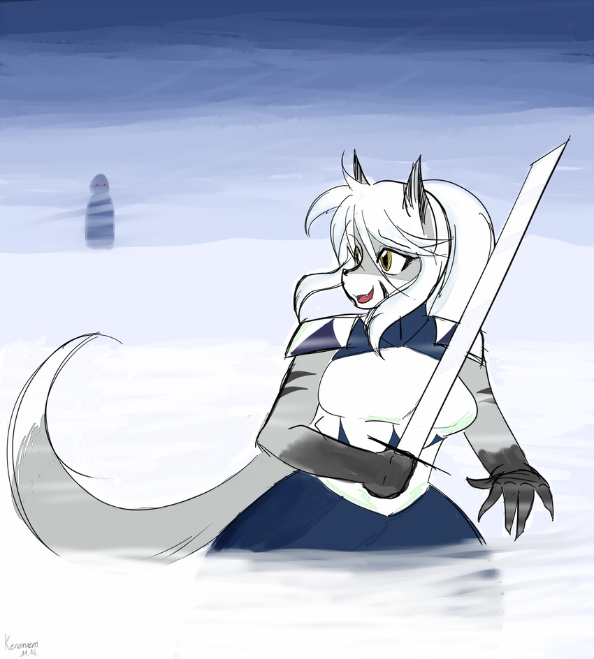 2016 anthro armor breasts canine clothed clothing cloud digital_media_(artwork) female fox fur grey_fur hair hi_res holding_object holding_weapon kemono kenomaeon landscape mammal melee_weapon mist open_mouth outside red_eyes sky smile snow stalking standing stripes sword teeth tongue two_tone weapon white_fur white_hair yellow_eyes