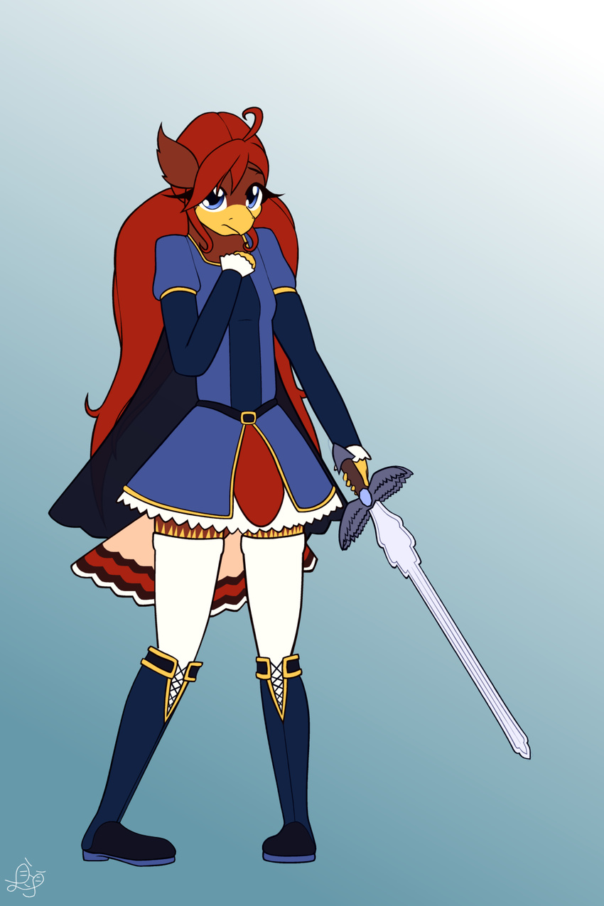 2016 avian bird blue_eyes clothing elae_meltaea fantasy female fibs hair hawk heather_callow knee_boots legwear long_hair melee_weapon red_hair solo sword thigh_highs turkey twintails_(disambiguation) vector weapon