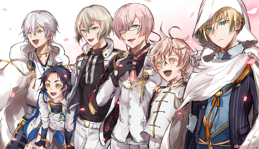 armor black_gloves black_hair blonde_hair blue_eyes feathers glasses gloves green_eyes hair_feathers higekiri_(touken_ranbu) hood japanese_armor japanese_clothes kikkou_sadamune male_focus monoyoshi_sadamune multiple_boys necktie open_mouth petals shoulder_armor smile sode suna_(sngm025) taikogane_sadamune touken_ranbu tsurumaru_kuninaga white_hair yamanbagiri_kunihiro yellow_eyes