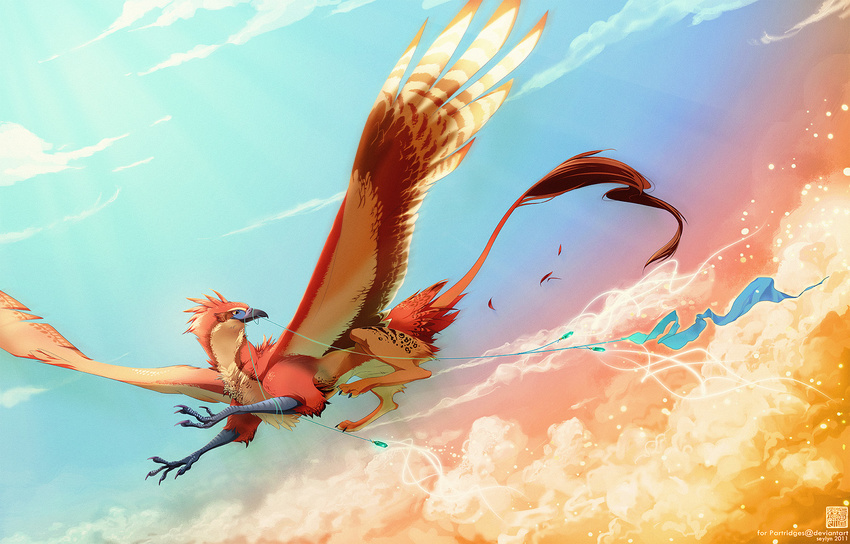 2011 ambiguous_gender avian beak claws cloud cloudscape colorful digital_media_(artwork) feathered_wings feathers feral flying gryphon magic outside rainbow seylyn sky solo spread_wings tail_tuft toe_claws tuft wings