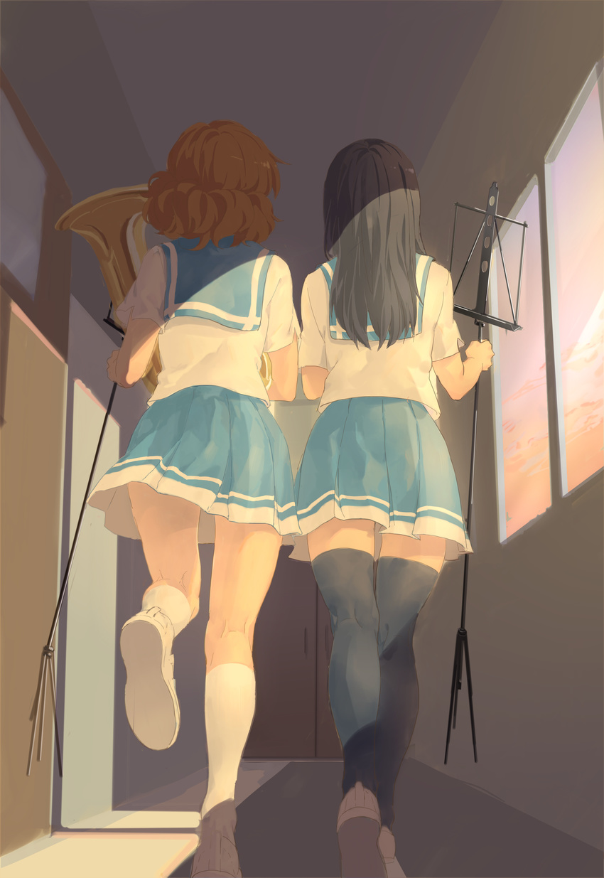 absurdres black_hair black_legwear blue_skirt brown_hair door euphonium from_behind hallway hibike!_euphonium highres instrument kousaka_reina long_hair multiple_girls music_stand oumae_kumiko pleated_skirt running sailor_collar school_uniform serafuku shoes short_hair skirt socks sworgun thighhighs uwabaki white_legwear zettai_ryouiki