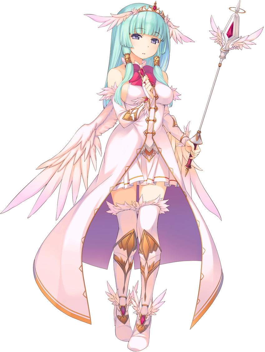 angel_wings aquaplus bangs bare_shoulders blue_eyes blunt_bangs boots bow breasts bridal_gauntlets dress dungeon_travelers_2 duplicate elbow_gloves eyebrows eyebrows_visible_through_hair feathered_wings fiora_marsh full_body gloves green_hair hair_ornament head_wings highres holding large_breasts light_blue_hair long_hair looking_at_viewer official_art pleated_skirt scepter short_dress sideboob sidelocks skirt solo standing sumaki_shungo thighhighs transparent_background white_legwear wings zettai_ryouiki