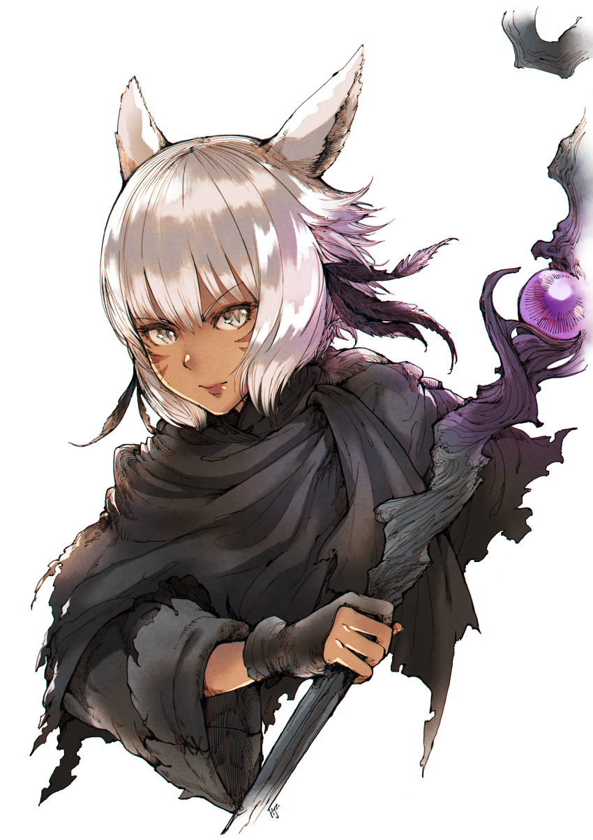 1girl absurdres animal_ears bangs black_gloves black_mage cat_ears closed_mouth cropped_torso dark_skin eyebrows_visible_through_hair facial_mark final_fantasy final_fantasy_xiv gloves haimerejzero highres looking_at_viewer miqo'te short_hair silver_eyes silver_hair slit_pupils solo spoilers staff white_background y'shtola_rhul