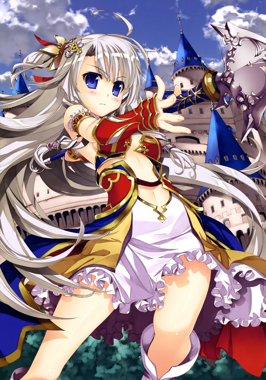 absurdres ahoge armor armored_dress blue_eyes breasts castle cloud cloudy_sky day fujima_takuya hair_ribbon highres holding holding_weapon long_hair medium_breasts midriff navel original outdoors polearm red_ribbon ribbon scan silver_hair skirt sky solo weapon white_skirt
