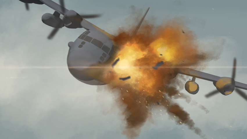 airplane blurry c-130_hercules commentary day debris explosion fire furukawa_herzer girls_und_panzer highres no_humans sketch sky smoke sparks the_a-team