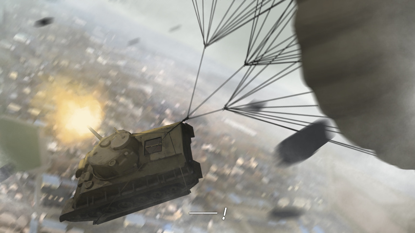 action air_drop airborne blurry caterpillar_tracks cityscape commentary day depth_of_field dutch_angle firing furukawa_herzer girls_und_panzer ground_vehicle highres horizon m4_sherman military military_vehicle motion_blur motor_vehicle no_humans parachute parody sky skydive tank the_a-team