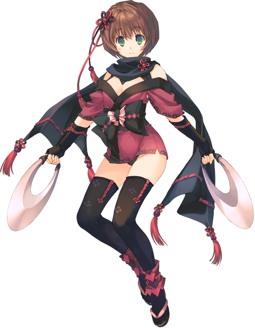 aquaplus bare_shoulders black_legwear black_panties blush breasts brown_hair cleavage dual_wielding dungeon_travelers_2 elbow_gloves fingerless_gloves full_body gloves green_eyes hair_ornament highres holding holding_weapon japanese_clothes looking_at_viewer medium_breasts mitsumi_misato ninja official_art panties sandals scarf short_hair smile solo souffle_twinny thighhighs transparent_background underwear weapon wide_sleeves