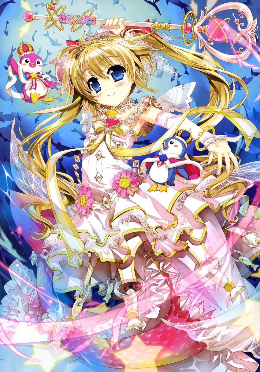 absurdres bird blonde_hair blue_eyes bow cape cardfight!!_vanguard detached_sleeves dress eyebrows eyebrows_visible_through_hair flower fujima_takuya hair_bow highres jewelry long_hair looking_at_viewer magical_girl mermaid monster_girl pacifica_(cardfight!!_vanguard) penguin pink_flower red_bow ring scan smile solo twintails very_long_hair