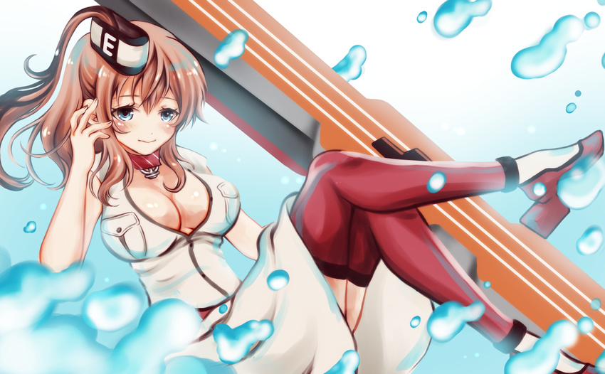 ascot bad_id bad_pixiv_id blue_eyes breast_pocket breasts brown_hair cleavage dress flight_deck hair_between_eyes kantai_collection large_breasts neckerchief open_clothes open_dress pocket ponytail red_legwear red_neckwear saratoga_(kantai_collection) sheepd side_ponytail sidelocks solo thighhighs water white_dress