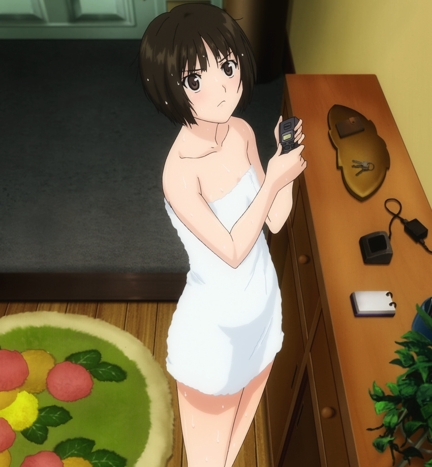 1girl amagami black_hair highres legs screencap shoulder solo stitched tachibana_miya towel wet_hair