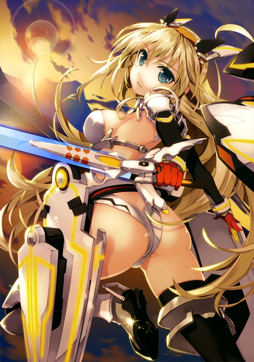 absurdres armor armored_boots black_legwear blonde_hair blue_eyes boots breasts eyebrows eyebrows_visible_through_hair fujima_takuya gloves highres holding holding_sword holding_weapon lens_flare leotard long_hair looking_at_viewer looking_back medium_breasts red_gloves rigel_(z/x) scan sideboob solo sword thighhighs very_long_hair weapon white_leotard z/x