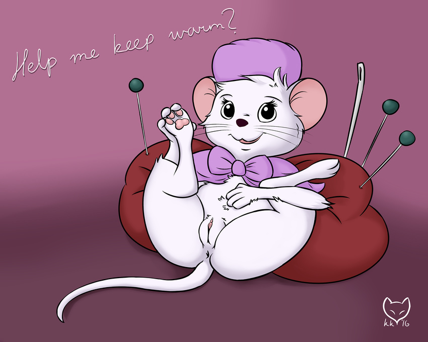 anthro anus bottomless butt clothed clothing dialogue disney female fur hat hi_res kettukarkki leaning leaning_back lying mammal miss_bianca mouse on_back pawpads paws presenting pussy rodent simple_background solo text the_rescuers white_fur