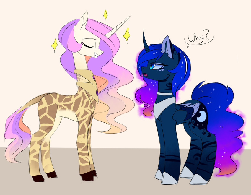 blue_eyes cosmic_hair costume cutie_mark duo english_text equine eyelashes eyes_closed feathered_wings feathers female feral friendship_is_magic fur gradient_hair hair hooves horn magnaluna mammal my_little_pony nude open_mouth pink_hair princess_celestia_(mlp) princess_luna_(mlp) simple_background smile standing text unicorn white_background white_fur winged_unicorn wings