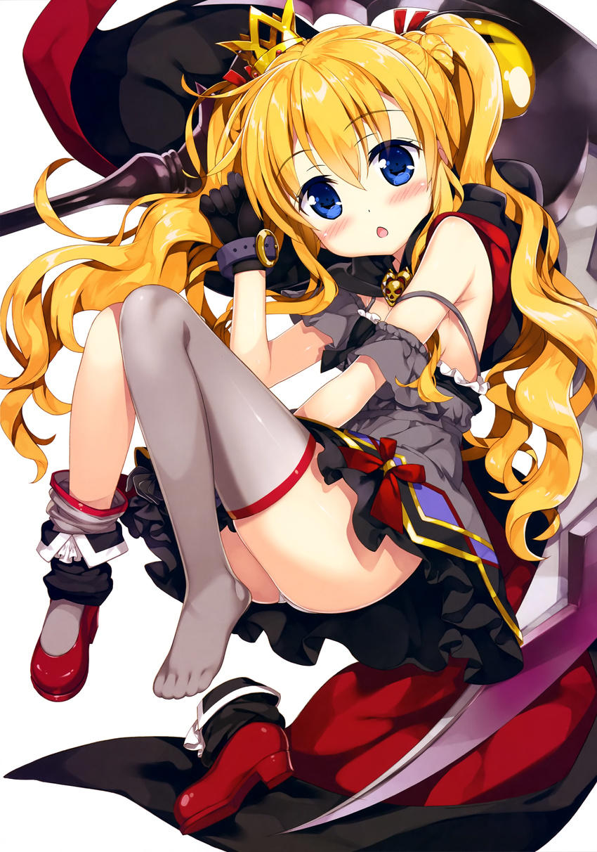 :o absurdres ass bangs bare_shoulders belt black_gloves blonde_hair blue_eyes bow cape crown detached_sleeves dress eyebrows eyebrows_visible_through_hair frills fujima_takuya full_body gloves grey_legwear hair_between_eyes highres long_hair looking_at_viewer original red_bow red_footwear scan shoes shoes_removed short_dress simple_background single_shoe single_sock single_thighhigh socks solo strap_slip thighhighs twintails upskirt wavy_hair white_background