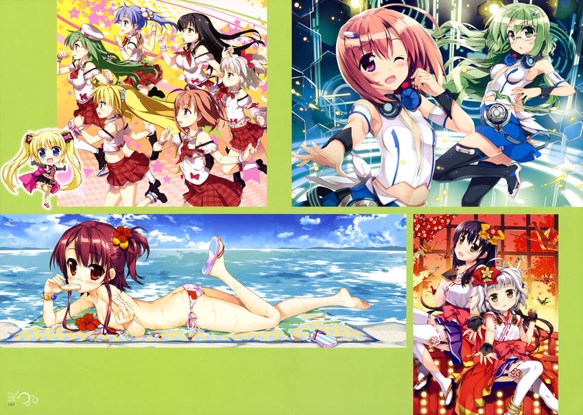 absurdres ahoge ass bikini black_gloves black_hair black_legwear blue_hair blue_skirt bow bracelet breasts bridal_gauntlets brown_hair chibi choker cleavage collarbone doughnut eating elbow_gloves eyebrows eyebrows_visible_through_hair flower food from_side fujima_takuya garter_straps glasses gloves green_eyes green_hair hair_bow hair_flower hair_ornament hairclip headphones headphones_around_neck heart hibiscus highres jewelry lace lace-trimmed_thighhighs leg_up long_hair looking_at_viewer lying medium_breasts midriff multiple_girls navel neck_ribbon necktie ocean on_stomach one_eye_closed one_side_up open_mouth orange_bow outdoors outstretched_arms pink_bikini pleated_skirt purple_eyes purple_skirt red_bow red_eyes red_flower red_neckwear red_ribbon red_skirt ribbon running scan shirt short_hair short_necktie side-tie_bikini silver_hair skirt sleeveless sleeveless_shirt small_breasts smile_shooter swimsuit thighhighs twintails untied untied_bikini very_long_hair white_shirt wrist_cuffs yellow_eyes yellow_legwear zettai_ryouiki
