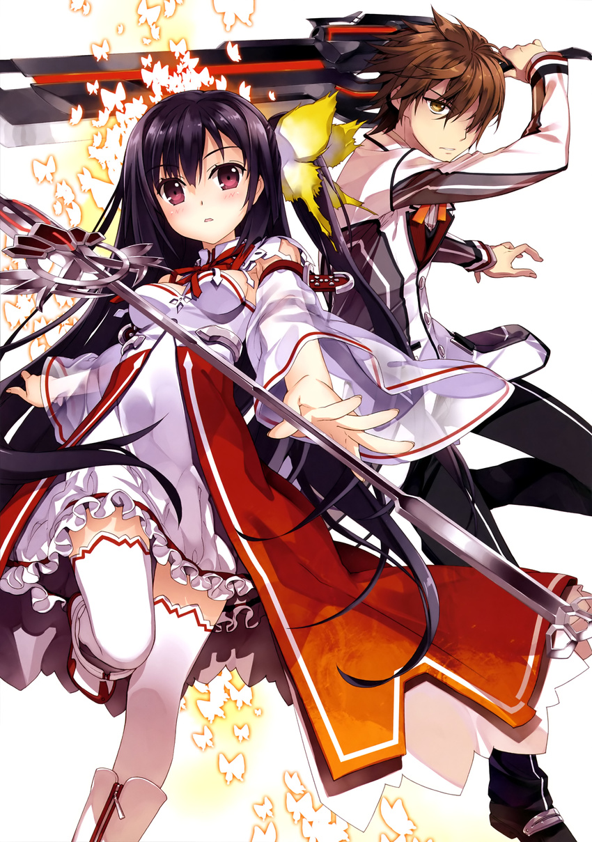 1girl absurdres black_hair breasts brown_eyes brown_hair butterfly_hair_ornament detached_sleeves dress fujima_takuya hair_ornament hair_over_one_eye highres holding holding_sword holding_weapon leg_up looking_at_viewer neck_ribbon orange_ribbon red_ribbon ribbon scan see-through_silhouette shuuen_sekai_no_rebellion side_ponytail small_breasts spiked_hair sword thighhighs uniform weapon white_legwear