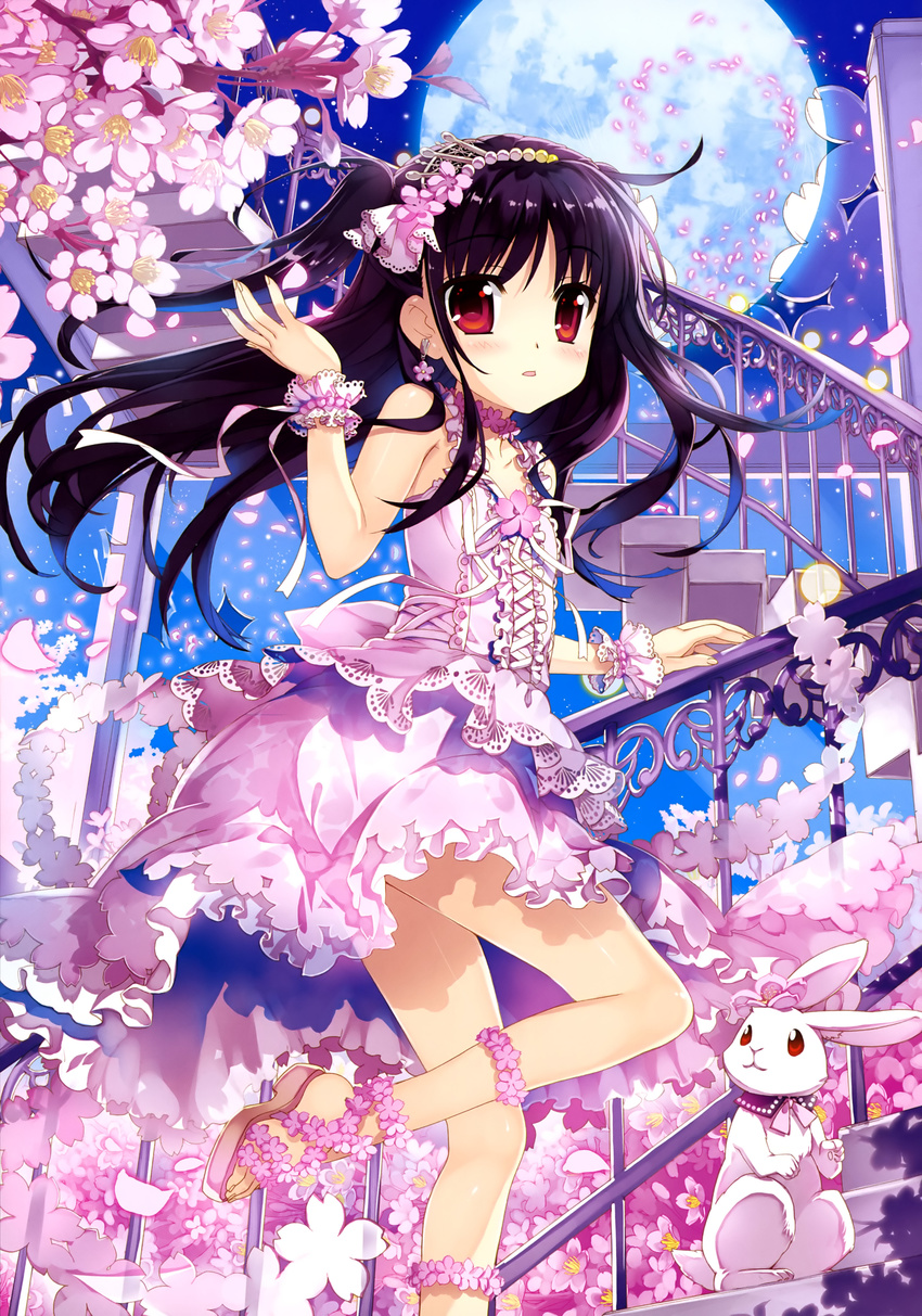 absurdres black_hair bunny cherry_blossoms choker collarbone dress earrings flat_chest flower_earrings fujima_takuya hair_ornament highres jewelry leg_up long_hair looking_at_viewer moon neck_ribbon one_side_up original pink_dress pink_ribbon red_eyes ribbon scan solo stairs wrist_cuffs