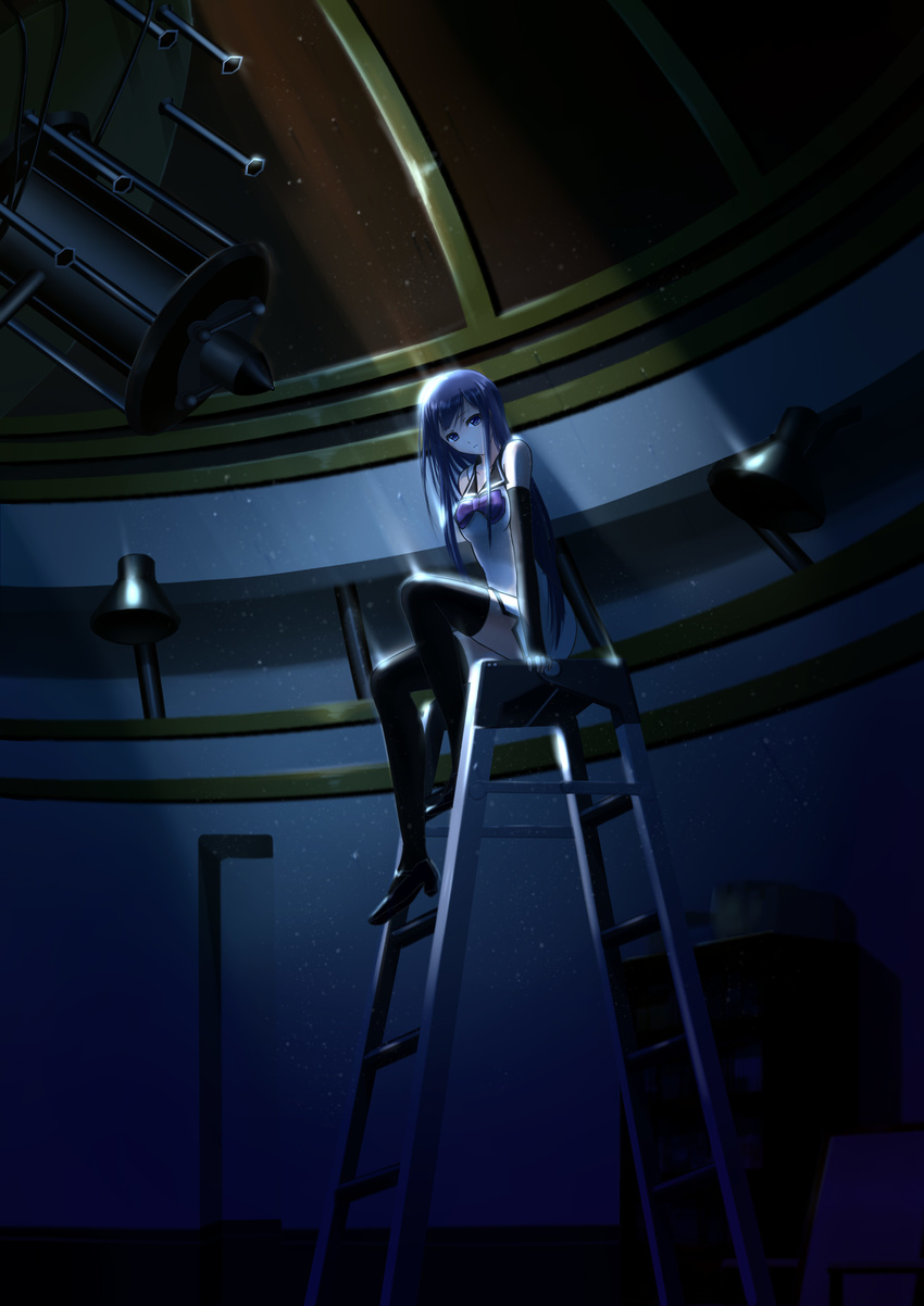 absurdres black_legwear blue_eyes blue_hair ccjn detached_sleeves gokukoku_no_brynhildr highres indoors kuroha_neko long_hair looking_at_viewer sitting solo thighhighs zettai_ryouiki