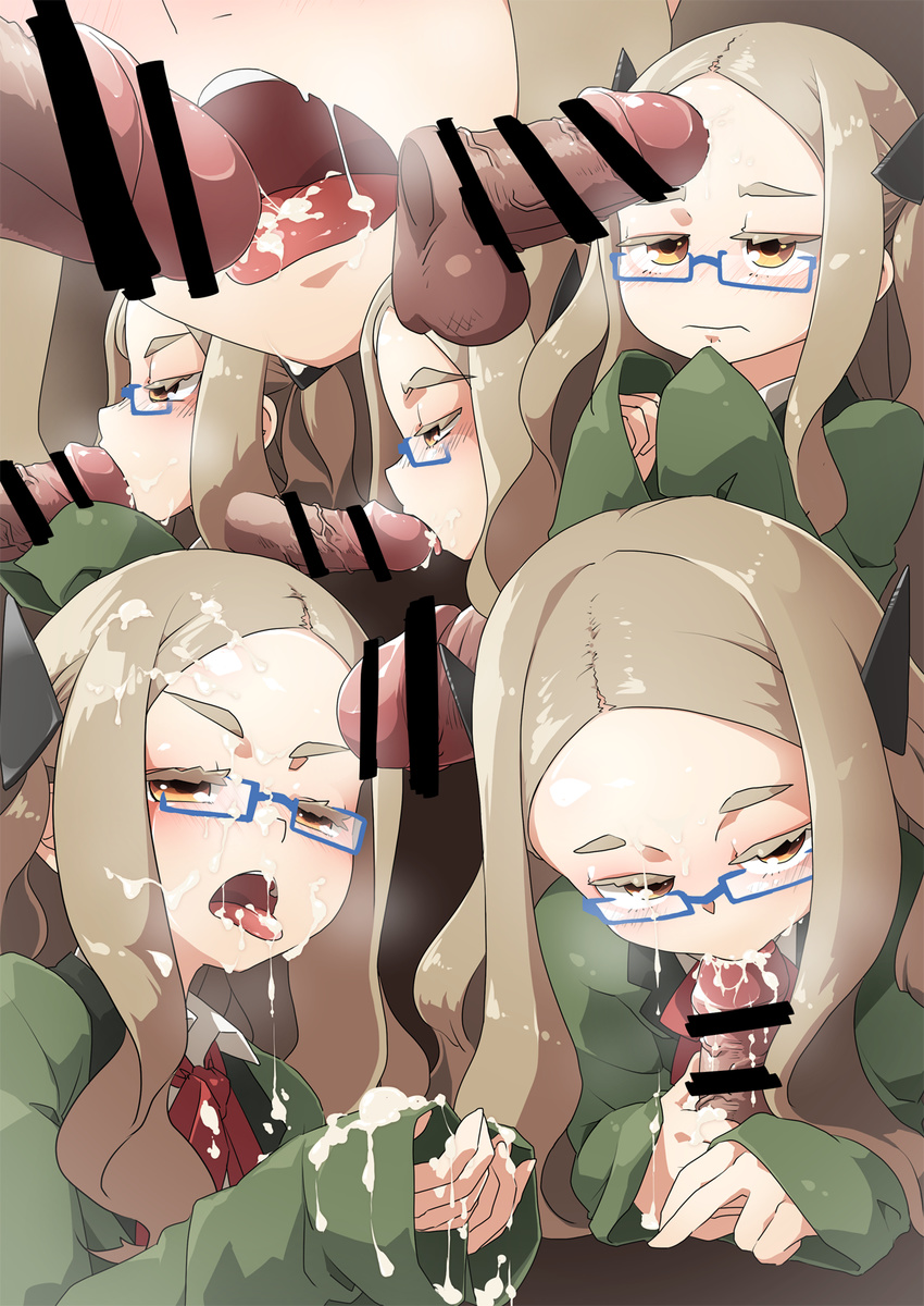 1boy 1girl akaino_(akaomi) blonde_hair blush brown_eyes cum cum_in_mouth facial fellatio glasses lostorage_wixoss mikage_hanna penis wixoss