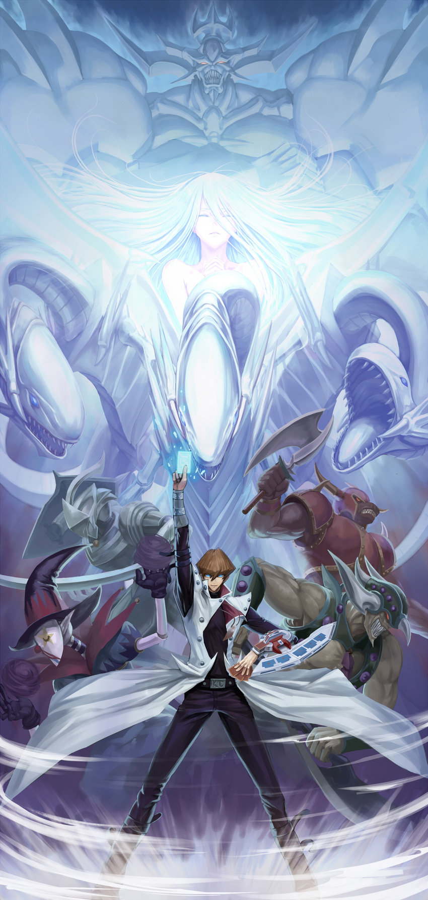 1girl absurdres arm_up battle_ox belt black_pants black_shirt blade_knight_(yuu-gi-ou) blue-eyes_ultimate_dragon blue_eyes brown_hair card duel_disk duel_monster hair_between_eyes highres holding holding_card kaiba_seto kisara obelisk_the_tormentor pants saggi_the_dark_clown saikoro_(et1312) shirt vorse_raider yuu-gi-ou