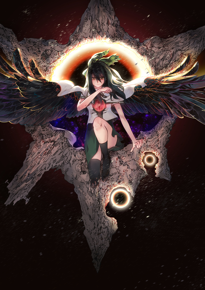 arm_support asymmetrical_clothes backlighting bird_wings black_legwear black_wings bow cape closed_mouth energy expressionless full_body glowing green_skirt hair_bow highres knee_up long_hair looking_at_viewer red_eyes reiuji_utsuho shirt short_sleeves single_sock single_thighhigh sitting skirt slit_pupils socks solo thighhighs third_eye touhou white_shirt wind wings yellow_eyes yun_(evite)
