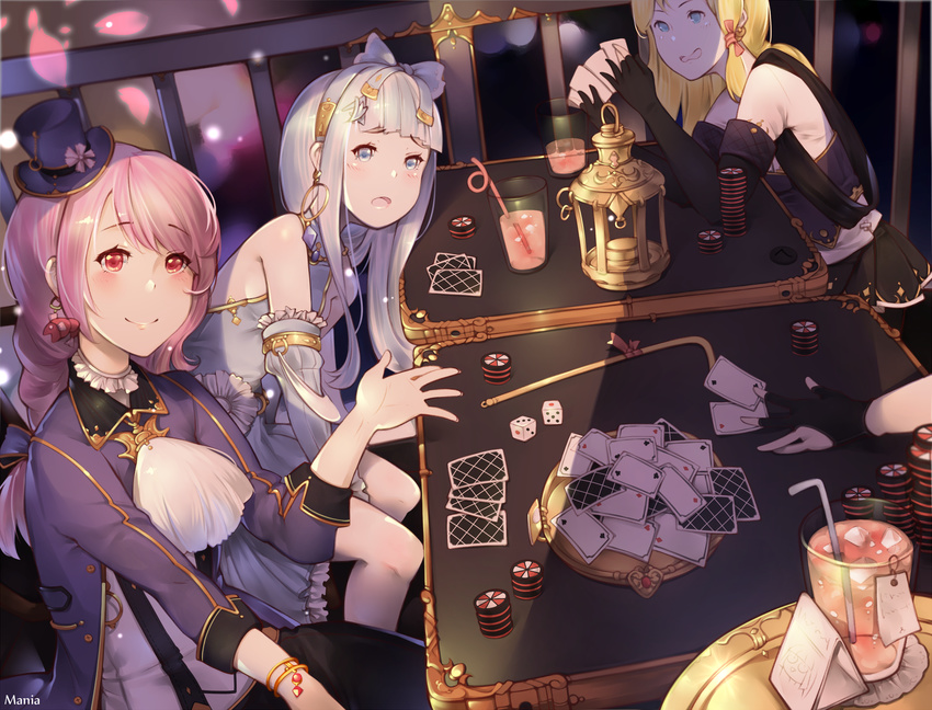 artist_name bad_id bad_pixiv_id bangle bangs black_gloves black_skirt blonde_hair blue_eyes blue_hair blush bracelet braid card closed_mouth club_(shape) cup detached_sleeves diamond_(shape) dice drink drinking_glass drinking_straw earrings eyebrows eyebrows_visible_through_hair frilled_sleeves frills gloves hairband hat head_tilt heart highres hoop_earrings jewelry kuuki_shoujo lantern leaning_forward long_hair magi_in_wanchin_basilica mania_(fd6060_60) mini_hat mini_top_hat multiple_girls open_mouth partly_fingerless_gloves petals pink_hair playing_card pleated_skirt poker_chip railing red_eyes sergestid_shrimp_in_tungkang shadow shrimp_earrings sitting skirt smile spade_(shape) swept_bangs the_personification_of_atmosphere top_hat tray xiao_ma xuan_ying